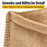 Nahaufnahme des naturfarbenen Jutesacks H185: offener gesäumter Rand, grobes Gewebe und seitliche Naht. Text nennt 60 × 105 cm und unverpackten Einzelartikel.