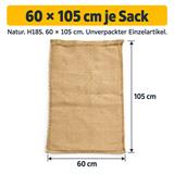 Flach ausgelegter naturfarbener Jutesack H185 mit Maßpfeilen: 60 cm breit und 105 cm lang. Die seitliche Naht und der obere Saum sind sichtbar.