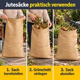 Drei Schritte am naturfarbenen Jutesack: Sack offen bereitstellen, Laub und Grünschnitt einlegen und den gefüllten Sack im Garten abstellen.