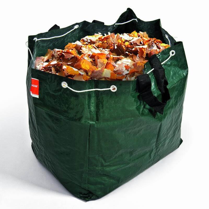 Grüne Gartentasche mit Schlaufen und Zugband für Gartenabfälle